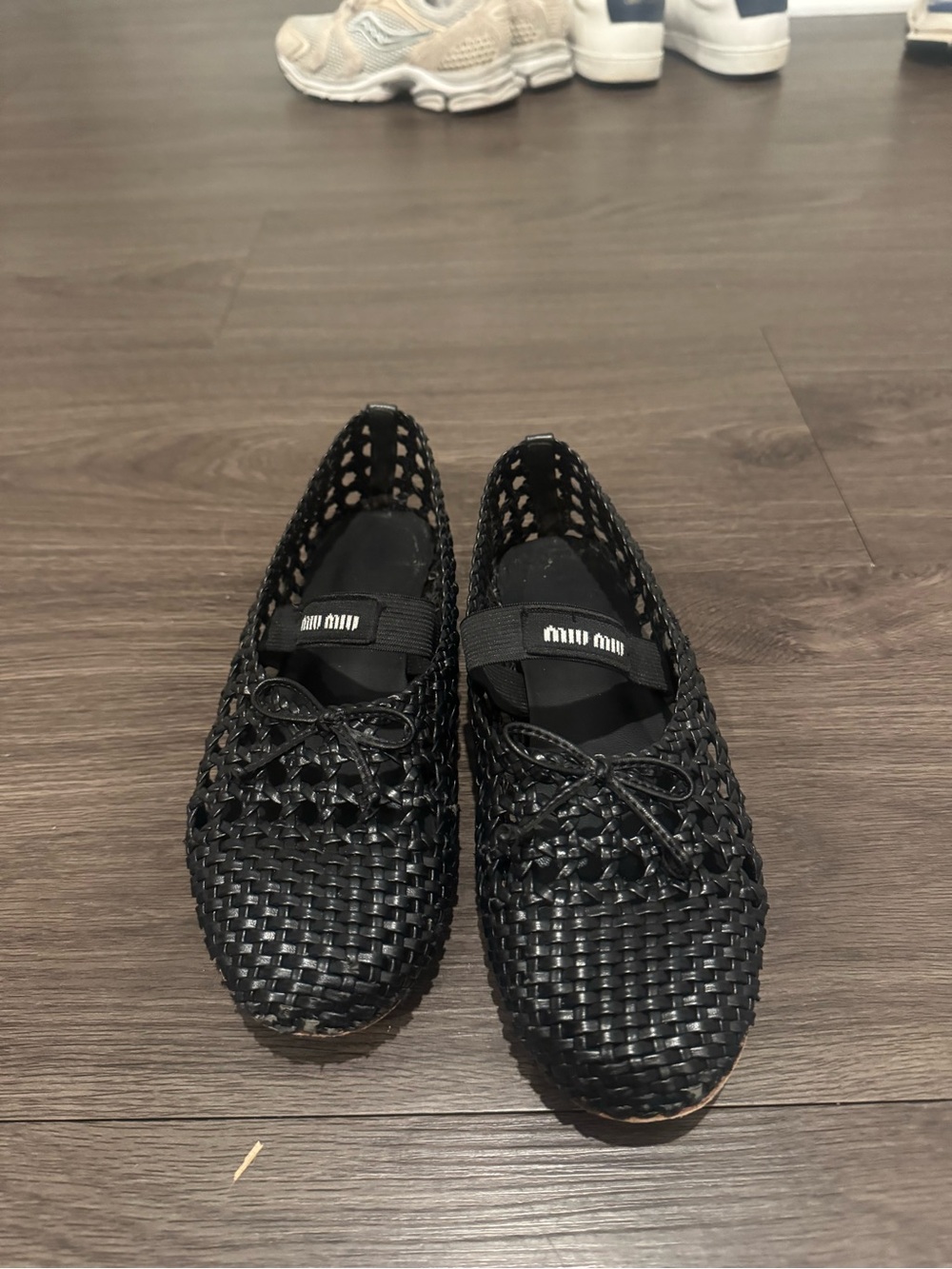 Miu Miu Black Woven Leather Ballet Flats with Bow